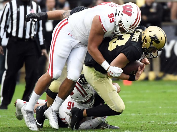 Wisconsin defensive lineman Isaiah Mullens with a sack against Purdue.